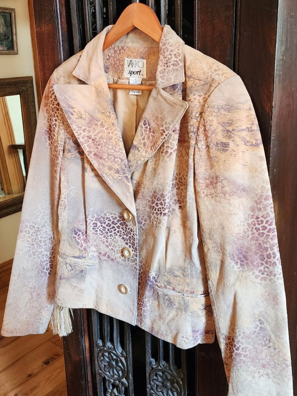 Vintage Leather Statement Jacket, Animal Print, Brown, Tan and Cream, Size 12